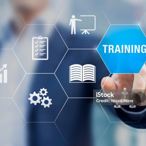 Training and skill development concept with icons of online course, conference, seminar, webinar, e-learning, coaching. Grow knowledge and abilities.